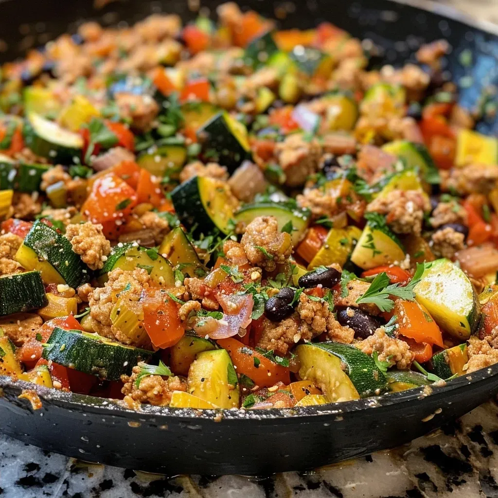 ['Close-up of a Mediterranean turkey skillet with farro, zucchini, and cherry tomatoes.', 'Side view of a colorful turkey and farro dish, garnished with parsley.', 'Juicy Mediterranean turkey skillet featuring roasted zucchini and spinach.', 'Close-up of a vibrant turkey and farro meal with lemon zest on top.']