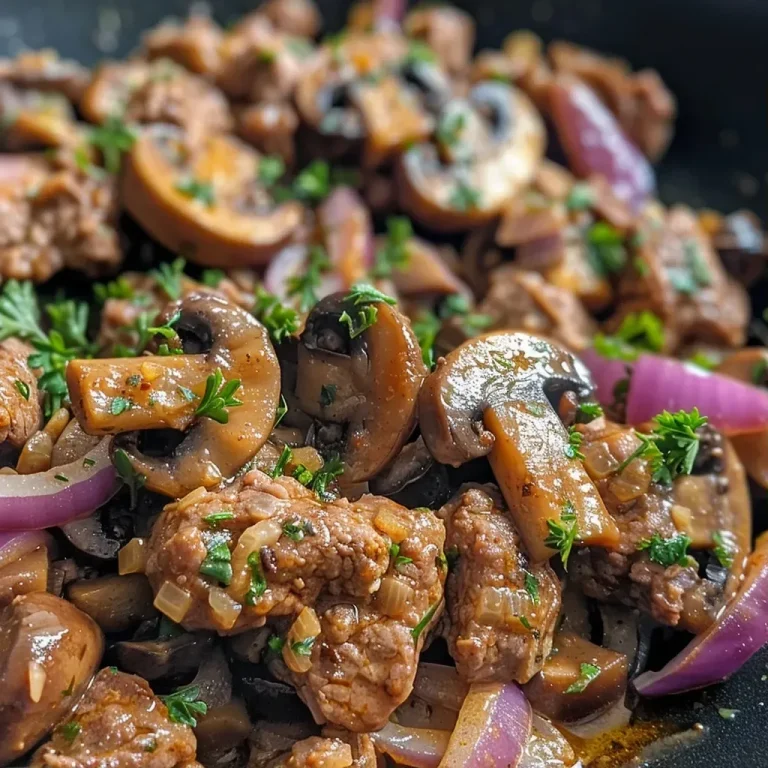 ['Close-up of a juicy mustard beef dish with mushrooms and red onions.', 'A side view of tender ground beef mixed with mushrooms, garnished with parsley.', 'Detailed shot of mustard beef with Portobello mushrooms and sliced onions.', 'A vibrant plate featuring cooked mustard beef and fresh herbs.']