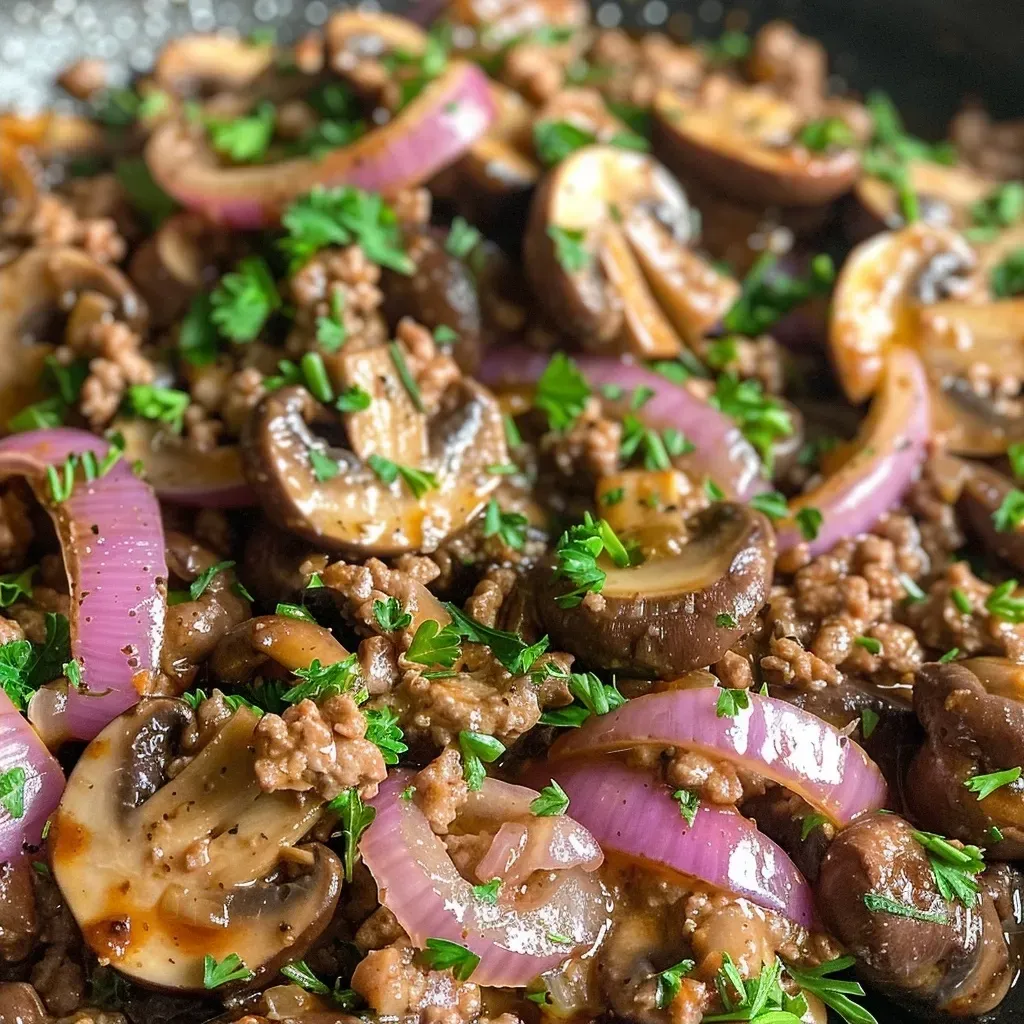['Close-up of a juicy mustard beef dish with mushrooms and red onions.', 'A side view of tender ground beef mixed with mushrooms, garnished with parsley.', 'Detailed shot of mustard beef with Portobello mushrooms and sliced onions.', 'A vibrant plate featuring cooked mustard beef and fresh herbs.']
