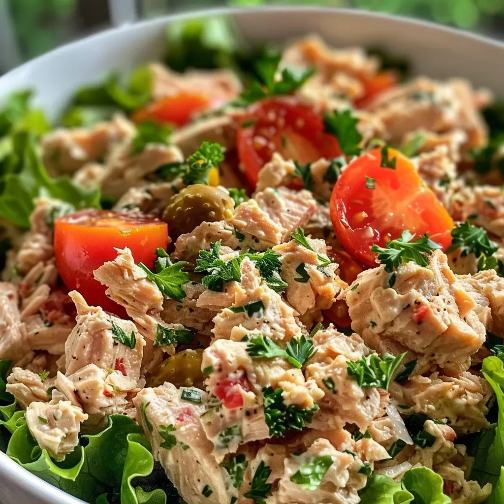 ['Close-up view of a bowl of mustard tuna salad with cherry tomatoes and parsley.', 'Side view of a vibrant mustard tuna salad featuring chopped pickles and lettuce.', 'Juicy mustard tuna salad in a clear dish, showcasing bright cherry tomatoes and fresh herbs.', 'Detailed photo of mustard tuna salad highlighting its colorful ingredients and textures.']