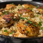 ['Close-up view of One-Pan Chicken and Rice featuring juicy chicken pieces and melted cheese.', 'A side view of a delicious One-Pan Chicken and Rice dish showcasing golden rice and herbs.', 'Juicy chicken chunks and rice in a skillet, garnished with fresh parsley and melted cheese.', 'One-Pan Chicken and Rice displayed with tender chicken, vibrant rice, and a cheesy topping.']