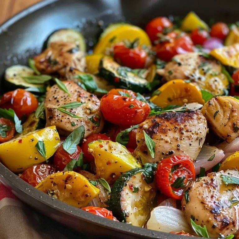 ['A close-up view of a vibrant One-Pan Summer Dinner featuring chicken, vegetables, and herbs.', 'A side view of a colorful One-Pan Summer Dinner showcasing juicy chicken and fresh vegetables.', 'A detailed shot of a One-Pan Summer Dinner, highlighting sliced zucchini, cherry tomatoes, and chicken.', 'A mouthwatering One-Pan Summer Dinner presented on a plate, brimming with colorful ingredients.']