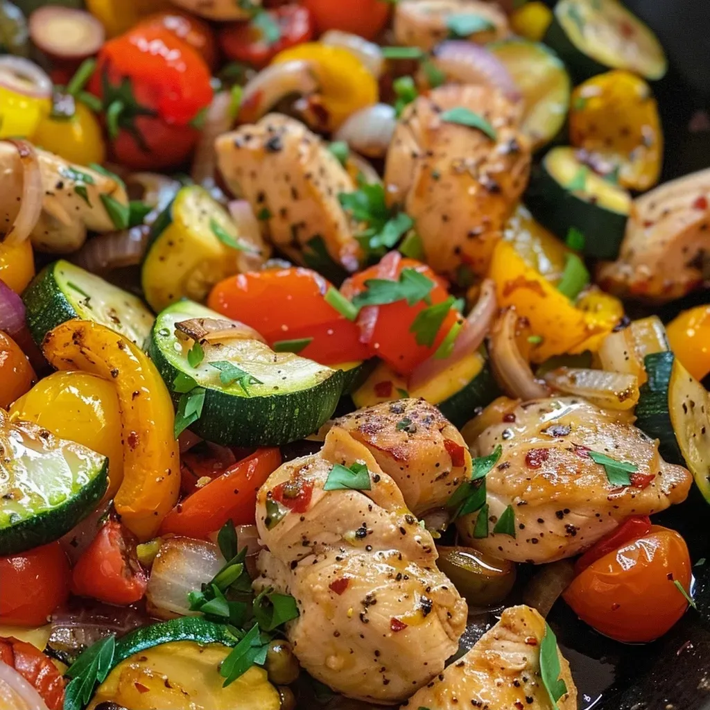 ['A close-up view of a vibrant One-Pan Summer Dinner featuring chicken, vegetables, and herbs.', 'A side view of a colorful One-Pan Summer Dinner showcasing juicy chicken and fresh vegetables.', 'A detailed shot of a One-Pan Summer Dinner, highlighting sliced zucchini, cherry tomatoes, and chicken.', 'A mouthwatering One-Pan Summer Dinner presented on a plate, brimming with colorful ingredients.']