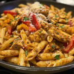 ['Close-up view of One Pot Cajun Chicken Pasta with colorful bell peppers and chicken pieces.', 'Juicy One Pot Cajun Chicken Pasta showing vibrant ingredients like red and yellow bell peppers.', 'Side view of delicious Cajun chicken pasta featuring creamy sauce and herbs on top.', 'One Pot Cajun Chicken Pasta highlighted with fresh parsley and parmesan cheese.']