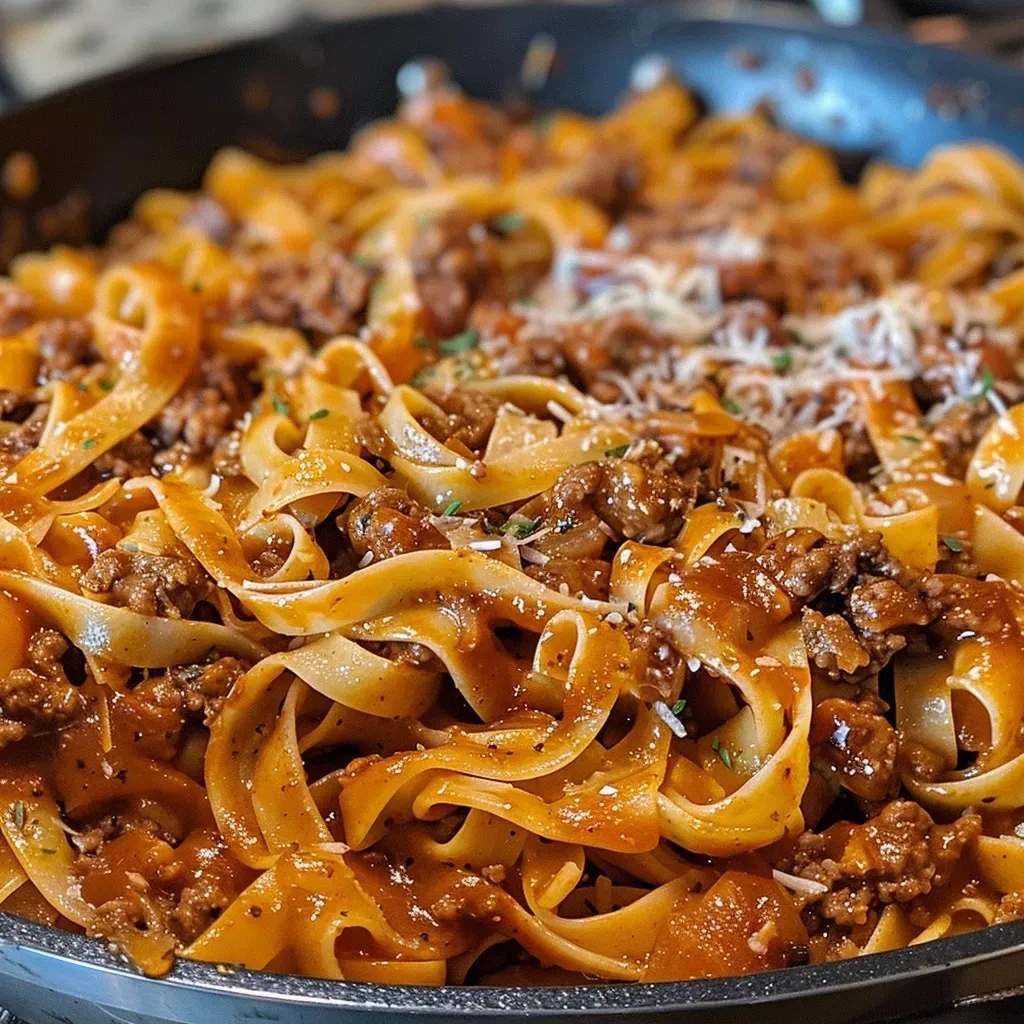 ['Close-up of a bowl of One-Pot Zesty Honey BBQ Beef and Fettuccine Pasta, featuring glossy beef and creamy sauce.', 'Side view of a delicious One-Pot Zesty Honey BBQ Beef and Fettuccine Pasta dish, topped with melted cheddar cheese.', 'Juicy ground beef mixed with fettuccine pasta in a honey BBQ sauce, displayed in a bowl.', 'Creamy pasta dish featuring ground beef, fettuccine, and a zesty honey BBQ sauce garnished with cheese.']