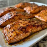 ['Close-up of oven-roasted BBQ salmon fillet with a glistening glaze.', 'Side view of juicy BBQ salmon topped with a smoky seasoning blend.', 'Deliciously cooked salmon fillet with a caramelized brown sugar crust.', 'Appetizing close-up of seasoned salmon, highlighting its juicy texture.']