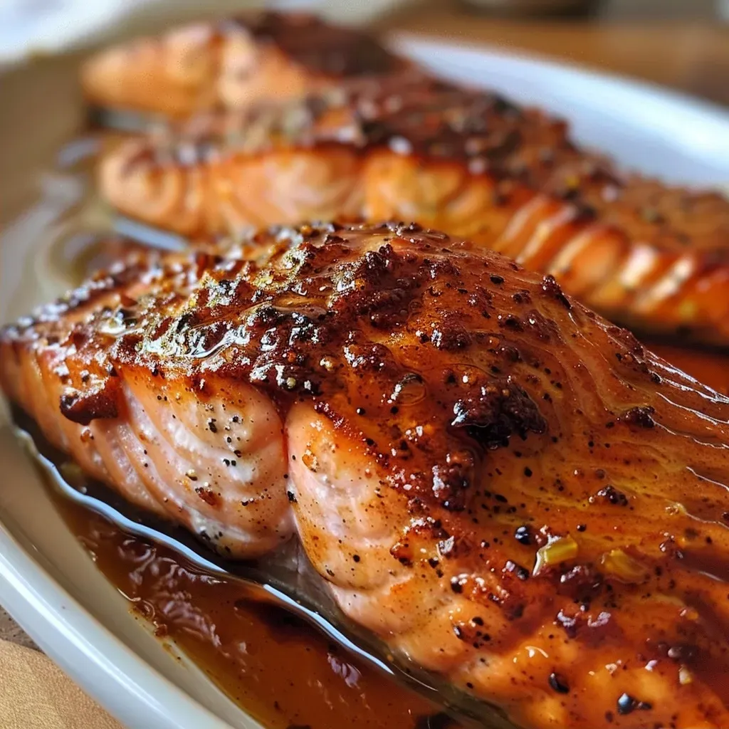 ['Close-up of oven-roasted BBQ salmon fillet with a glistening glaze.', 'Side view of juicy BBQ salmon topped with a smoky seasoning blend.', 'Deliciously cooked salmon fillet with a caramelized brown sugar crust.', 'Appetizing close-up of seasoned salmon, highlighting its juicy texture.']