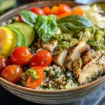 ['A colorful Pesto Chicken Quinoa Bowl featuring sliced chicken, cherry tomatoes, and zucchini.', 'Close-up view of a Pesto Chicken Quinoa Bowl garnished with fresh basil and Parmesan cheese.', 'Juicy chicken pieces on a bed of quinoa surrounded by vibrant vegetables in a bowl.', 'A side view of a healthy meal bowl, showcasing quinoa, chicken, and a drizzle of pesto.']