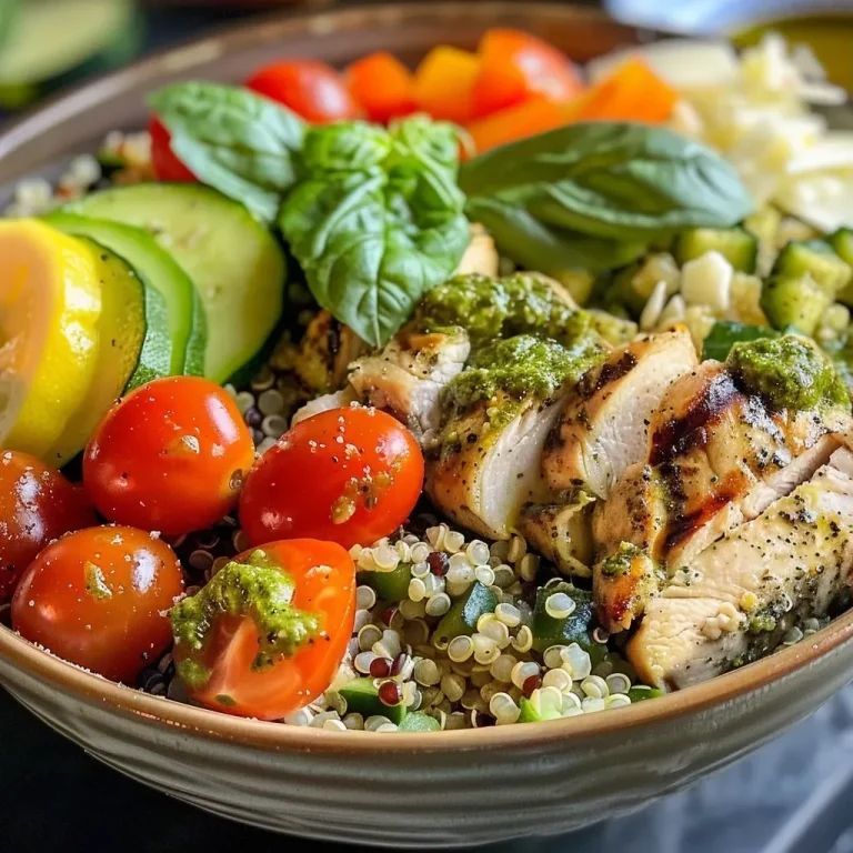 ['A colorful Pesto Chicken Quinoa Bowl featuring sliced chicken, cherry tomatoes, and zucchini.', 'Close-up view of a Pesto Chicken Quinoa Bowl garnished with fresh basil and Parmesan cheese.', 'Juicy chicken pieces on a bed of quinoa surrounded by vibrant vegetables in a bowl.', 'A side view of a healthy meal bowl, showcasing quinoa, chicken, and a drizzle of pesto.']