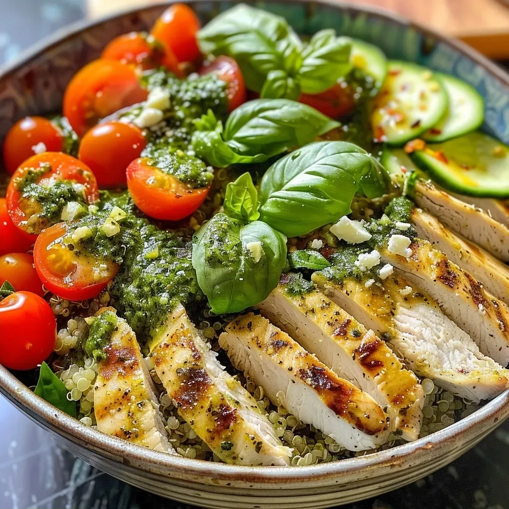 ['A colorful Pesto Chicken Quinoa Bowl featuring sliced chicken, cherry tomatoes, and zucchini.', 'Close-up view of a Pesto Chicken Quinoa Bowl garnished with fresh basil and Parmesan cheese.', 'Juicy chicken pieces on a bed of quinoa surrounded by vibrant vegetables in a bowl.', 'A side view of a healthy meal bowl, showcasing quinoa, chicken, and a drizzle of pesto.']