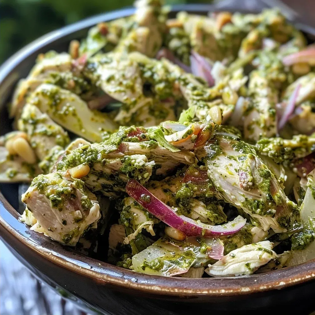 ['Close-up view of a bowl filled with colorful Pesto Chicken Salad, featuring diced chicken and vibrant vegetables.', 'Side view of a delicious Pesto Chicken Salad showcasing bright green pesto and toasted pine nuts.', 'Fresh Pesto Chicken Salad with diced chicken, celery, and red onion, served in a white bowl.', 'Juicy Pesto Chicken Salad close-up, highlighting the creamy texture and vibrant ingredients.']
