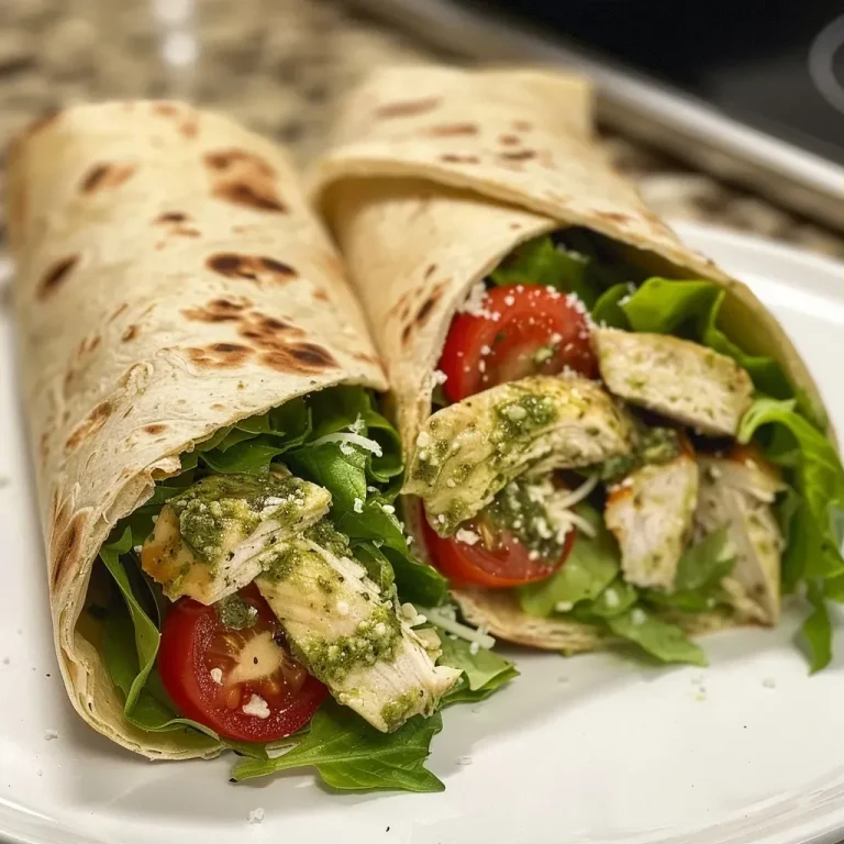 ['Close-up view of a fresh pesto chicken wrap filled with lettuce and tomatoes on a wooden board.', 'Side view of a colorful pesto chicken wrap showcasing its layers of ingredients and vibrant colors.', 'Juicy pesto chicken wrap with visible ingredients like chicken, lettuce, and tomatoes on a plate.', 'Detailed shot of a pesto chicken wrap highlighting the textures and freshness of the ingredients.']