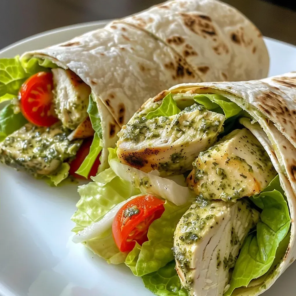 ['Close-up view of a fresh pesto chicken wrap filled with lettuce and tomatoes on a wooden board.', 'Side view of a colorful pesto chicken wrap showcasing its layers of ingredients and vibrant colors.', 'Juicy pesto chicken wrap with visible ingredients like chicken, lettuce, and tomatoes on a plate.', 'Detailed shot of a pesto chicken wrap highlighting the textures and freshness of the ingredients.']