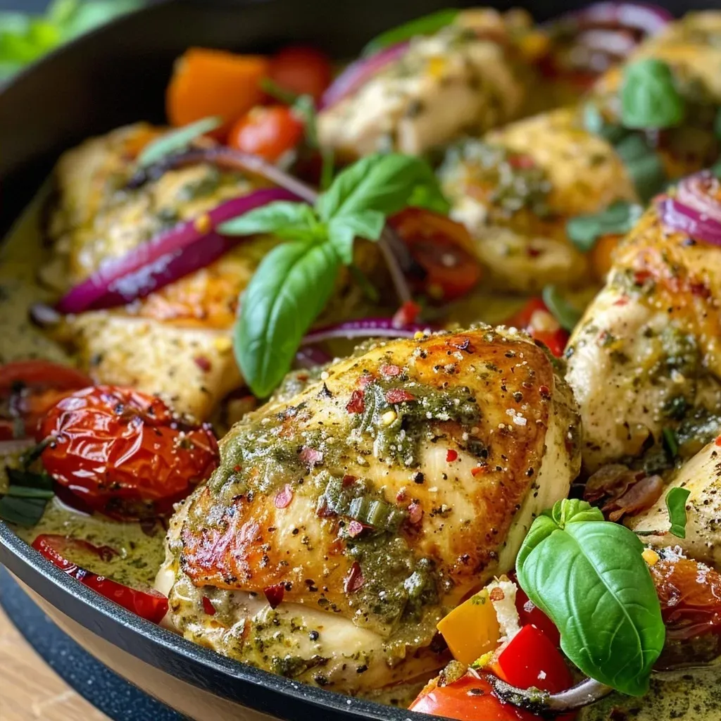 ['Close-up of juicy pesto chicken breast topped with melted mozzarella and fresh tomato slices.', 'Side view of a plated pesto chicken dish with basil leaves and grated parmesan on top.', 'Succulent boneless chicken breast drizzled with pesto sauce and garnished with sliced tomatoes and basil.', 'Detailed image of chicken breast cooked with pesto, mozzarella, and garnished with fresh herbs.']