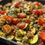 ['Close-up view of a bowl filled with Pesto Ground Turkey and Zucchini, showcasing vibrant tomatoes and green vegetables.', 'Side view of a colorful dish featuring ground turkey mixed with zucchini, summer squash, and cherry tomatoes, drizzled with pesto.', 'Juicy ground turkey and sliced zucchini plated with cherry tomatoes and fresh pesto, emphasizing a healthy meal.', 'Detailed angle of a savory dish comprising lean ground turkey and zucchini, garnished with cherry tomatoes and pesto sauce.']