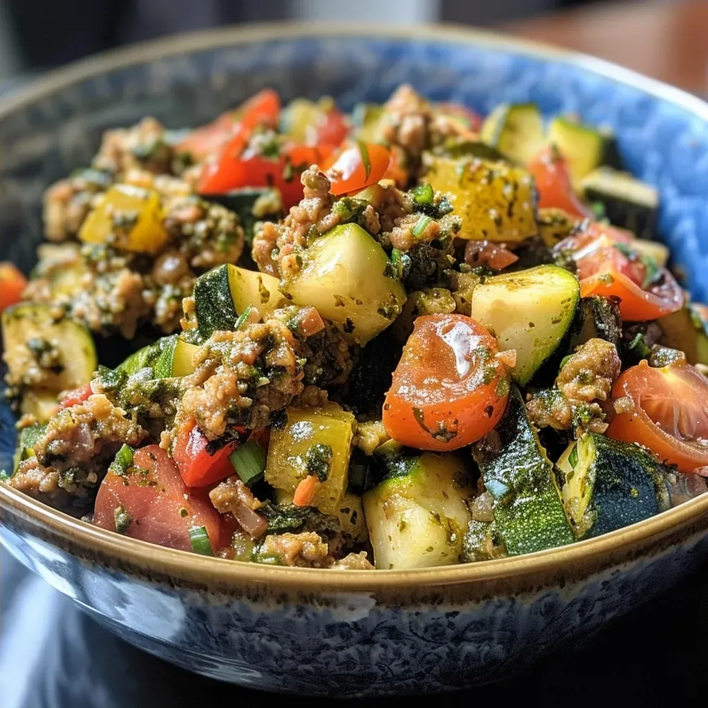 ['Close-up view of a bowl filled with Pesto Ground Turkey and Zucchini, showcasing vibrant tomatoes and green vegetables.', 'Side view of a colorful dish featuring ground turkey mixed with zucchini, summer squash, and cherry tomatoes, drizzled with pesto.', 'Juicy ground turkey and sliced zucchini plated with cherry tomatoes and fresh pesto, emphasizing a healthy meal.', 'Detailed angle of a savory dish comprising lean ground turkey and zucchini, garnished with cherry tomatoes and pesto sauce.']