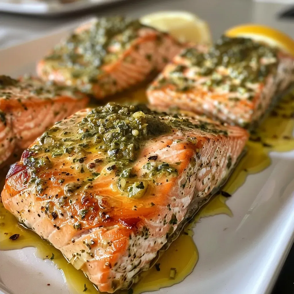 Close-up side view of juicy pesto salmon with cherry tomatoes and mozzarella.