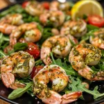 ['Close-up view of a colorful Pesto Shrimp and Arugula Salad with shrimp, cherry tomatoes, and arugula.', 'Juicy shrimp nestled among fresh arugula and vibrant cherry tomatoes in a bowl.', 'A side view of a salad featuring pesto shrimp, arugula, and Parmesan cheese on a white plate.', 'Pesto Shrimp and Arugula Salad showcasing bright ingredients like shrimp, arugula, and cherry tomatoes.']