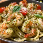 ['A close-up view of a plate of pesto shrimp pasta with vibrant green basil sauce.', 'Side view of colorful pasta topped with shrimp and garnished with fresh basil.', 'Appetizing pesto shrimp pasta served in a bowl, showcasing shrimp and herbs.', 'A delicious-looking dish of spaghetti mixed with shrimp and pesto sauce.']