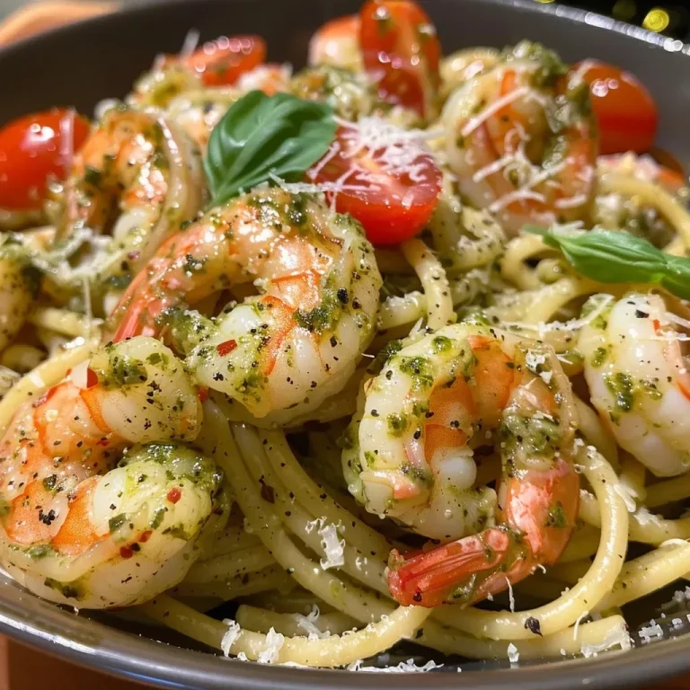 ['A close-up view of a plate of pesto shrimp pasta with vibrant green basil sauce.', 'Side view of colorful pasta topped with shrimp and garnished with fresh basil.', 'Appetizing pesto shrimp pasta served in a bowl, showcasing shrimp and herbs.', 'A delicious-looking dish of spaghetti mixed with shrimp and pesto sauce.']
