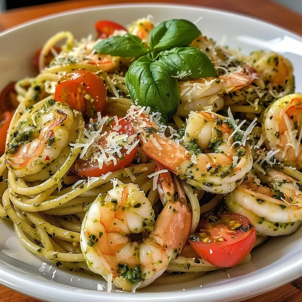 ['A close-up view of a plate of pesto shrimp pasta with vibrant green basil sauce.', 'Side view of colorful pasta topped with shrimp and garnished with fresh basil.', 'Appetizing pesto shrimp pasta served in a bowl, showcasing shrimp and herbs.', 'A delicious-looking dish of spaghetti mixed with shrimp and pesto sauce.']
