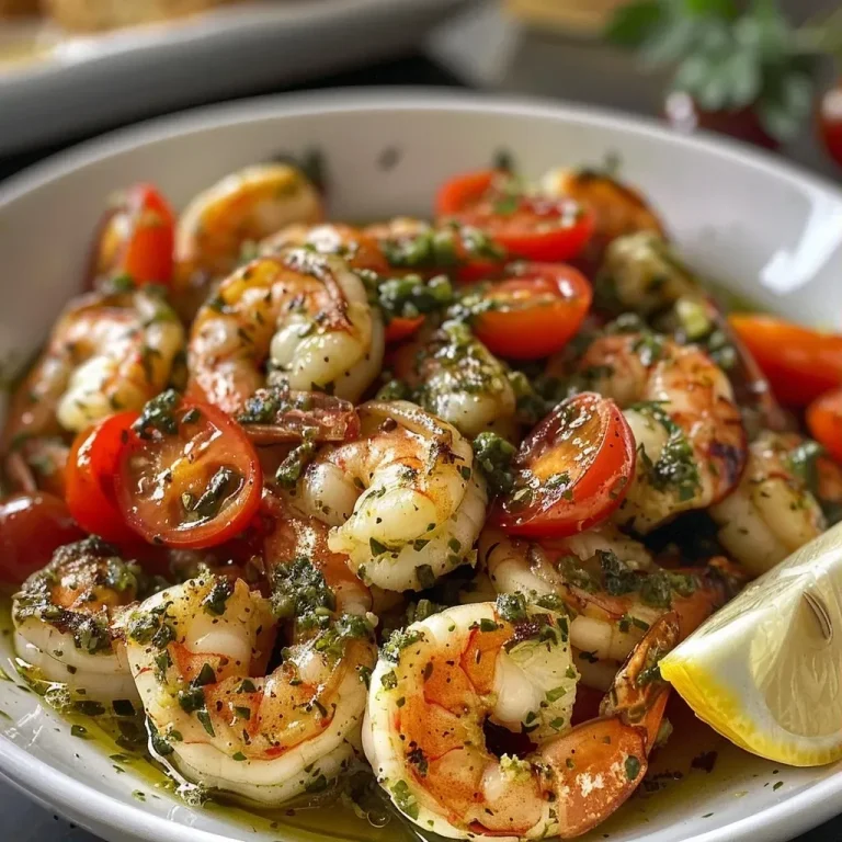 ['Close-up view of cooked shrimp garnished with pesto and cherry tomatoes.', 'Juicy shrimp coated in vibrant green pesto with a side of colorful cherry tomatoes.', 'Plate of pesto shrimp with fresh ingredients, including lemon wedges and cherry tomatoes.', 'Succulent shrimp glistening with pesto sauce, accompanied by bright grape tomatoes.']