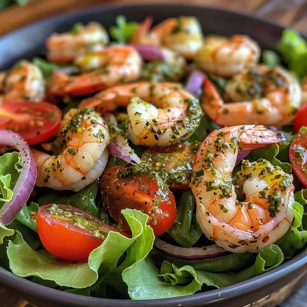['A vibrant close-up of a Pesto Shrimp Tomato Salad featuring shrimp, cherry tomatoes, and greens.', 'A colorful side view of a delicious shrimp salad with pesto dressing and chunks of tomato.', 'Detailed image showcasing a fresh salad with shrimp, pesto, and chopped vegetables.', 'A close-up shot of a delectable salad with shrimp, cherry tomatoes, and a drizzle of pesto.']