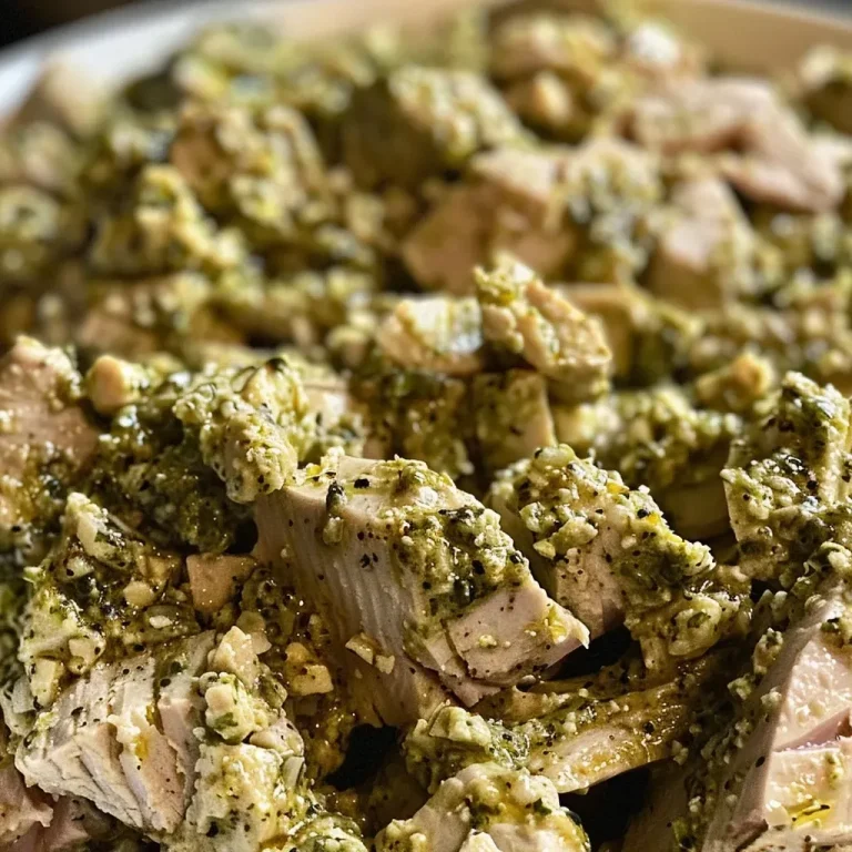 ['Close-up view of a vibrant Pesto Tuna Salad in a bowl.', 'Side view of a freshly prepared Pesto Tuna Salad with green pesto and tuna.', 'Juicy Pesto Tuna Salad presented in a white dish, showcasing its green and tuna layers.', 'Detailed shot of Pesto Tuna Salad with glistening pesto and creamy texture.']