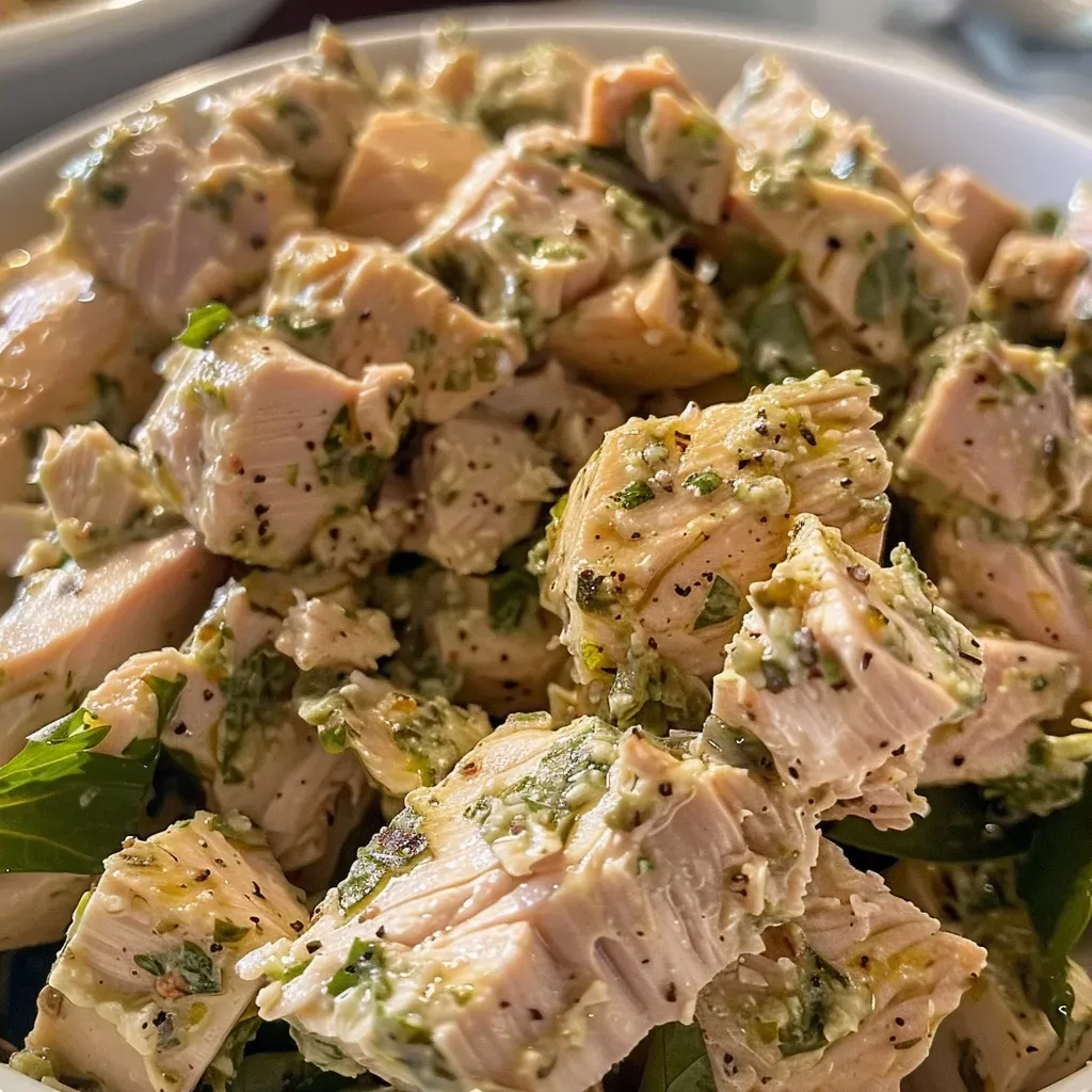 Close-up view of a vibrant Pesto Tuna Salad in a bowl.