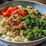 ['A close-up of a bowl filled with Pesto Turkey Cauliflower Rice, showcasing ground turkey, cauliflower rice, and vibrant greens.', 'A side view of a colorful bowl containing Pesto Turkey Cauliflower Rice, displaying chunks of turkey and sun-dried tomatoes.', 'A detailed shot of a delicious Pesto Turkey Cauliflower Rice Bowl with visible ingredients like pesto and chopped greens.', 'A fresh and inviting Pesto Turkey Cauliflower Rice Bowl with ground turkey and colorful vegetables arranged neatly.']