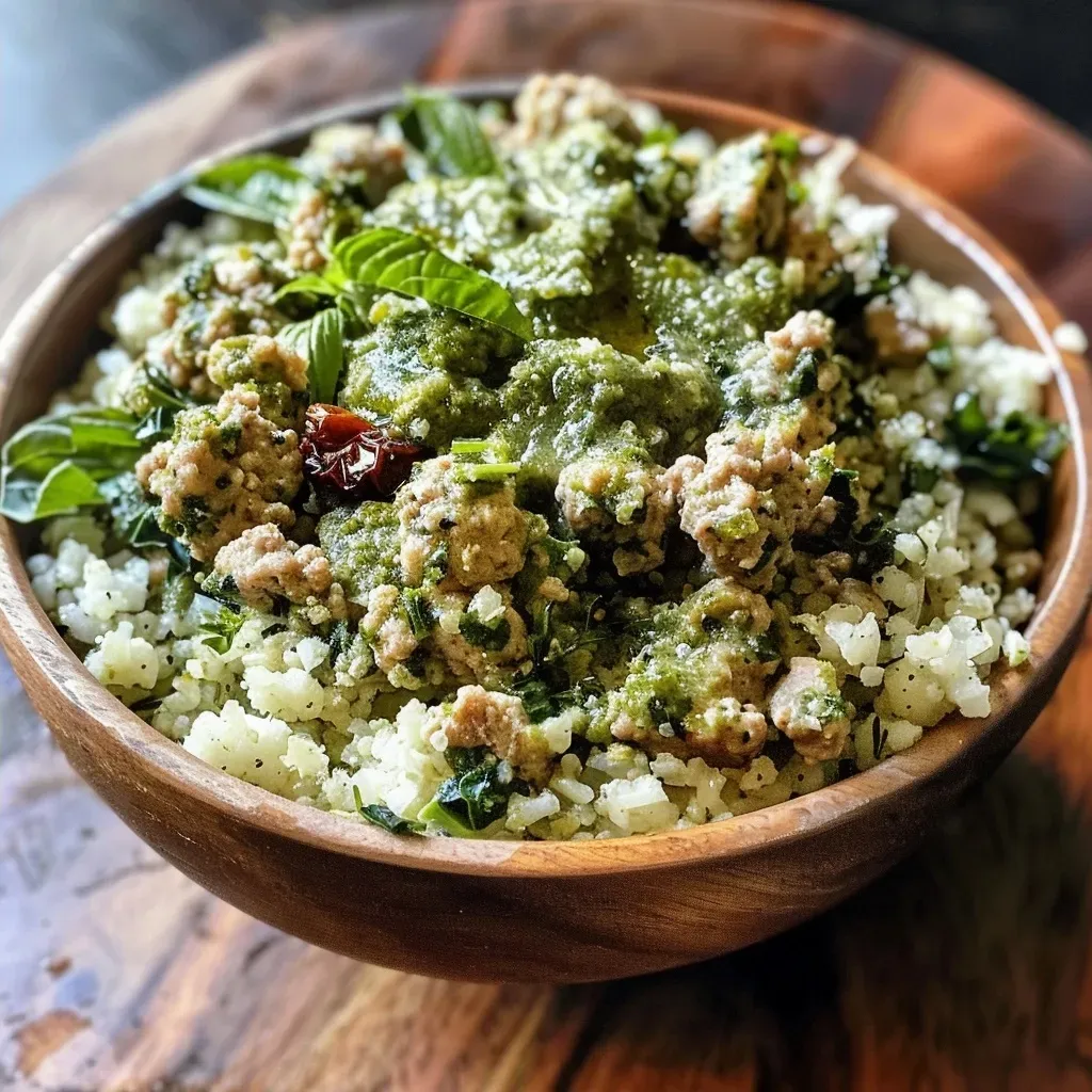 A close-up of a bowl filled with Pesto Turkey Cauliflower Rice, showcasing ground turkey, cauliflower rice, and vibrant greens.
