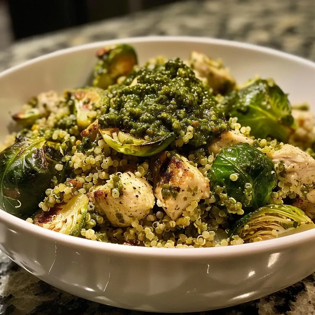 Close-up view of a colorful Pesto Turkey Quinoa Bowl with Brussels sprouts.