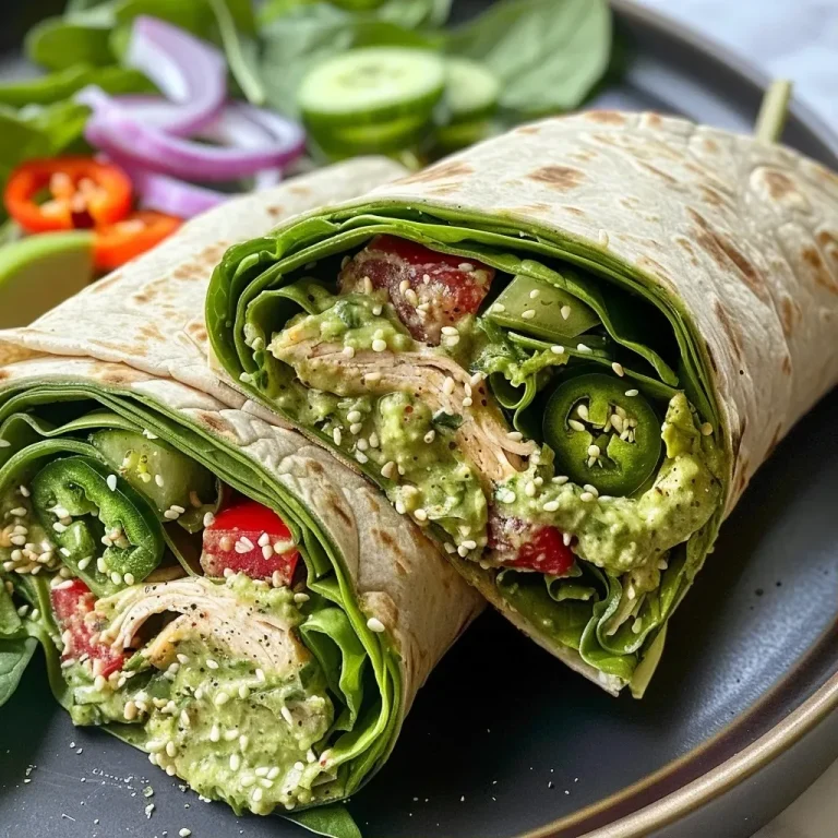 ['Close-up view of a green goddess chicken salad wrap, showcasing fresh ingredients and vibrant colors.', 'Side view of a protein-packed chicken salad wrap with visible avocado, greens, and red peppers.', 'Juicy chicken salad wrap filled with herbs, pickled jalapeños, and colorful vegetables on a tortilla.', 'Delicious green goddess chicken salad wrap, highlighting fresh lettuce, cucumber, and sliced chicken.']