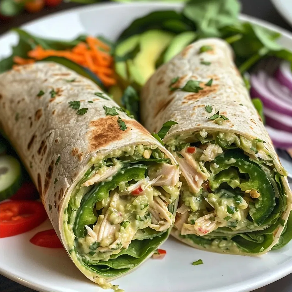 Close-up view of a green goddess chicken salad wrap, showcasing fresh ingredients and vibrant colors.
