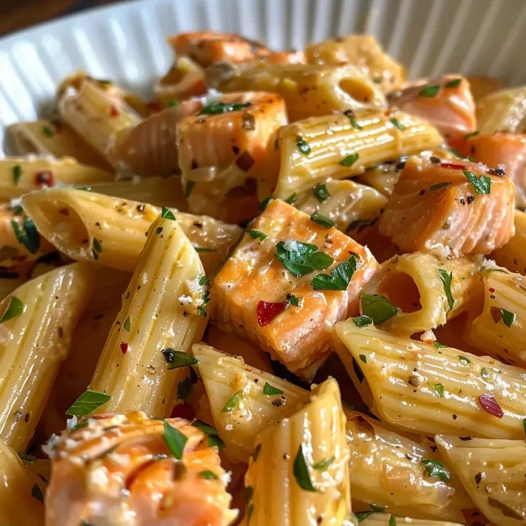 ['Close-up of salmon pasta dish, showcasing vibrant colors and textures.', 'Side view of a creamy salmon pasta without cream, highlighting fresh ingredients.', 'Appetizing salmon pasta with garnishes, presented in a bowl.', 'Juicy salmon chunks mixed with penne pasta, garnished with herbs.']