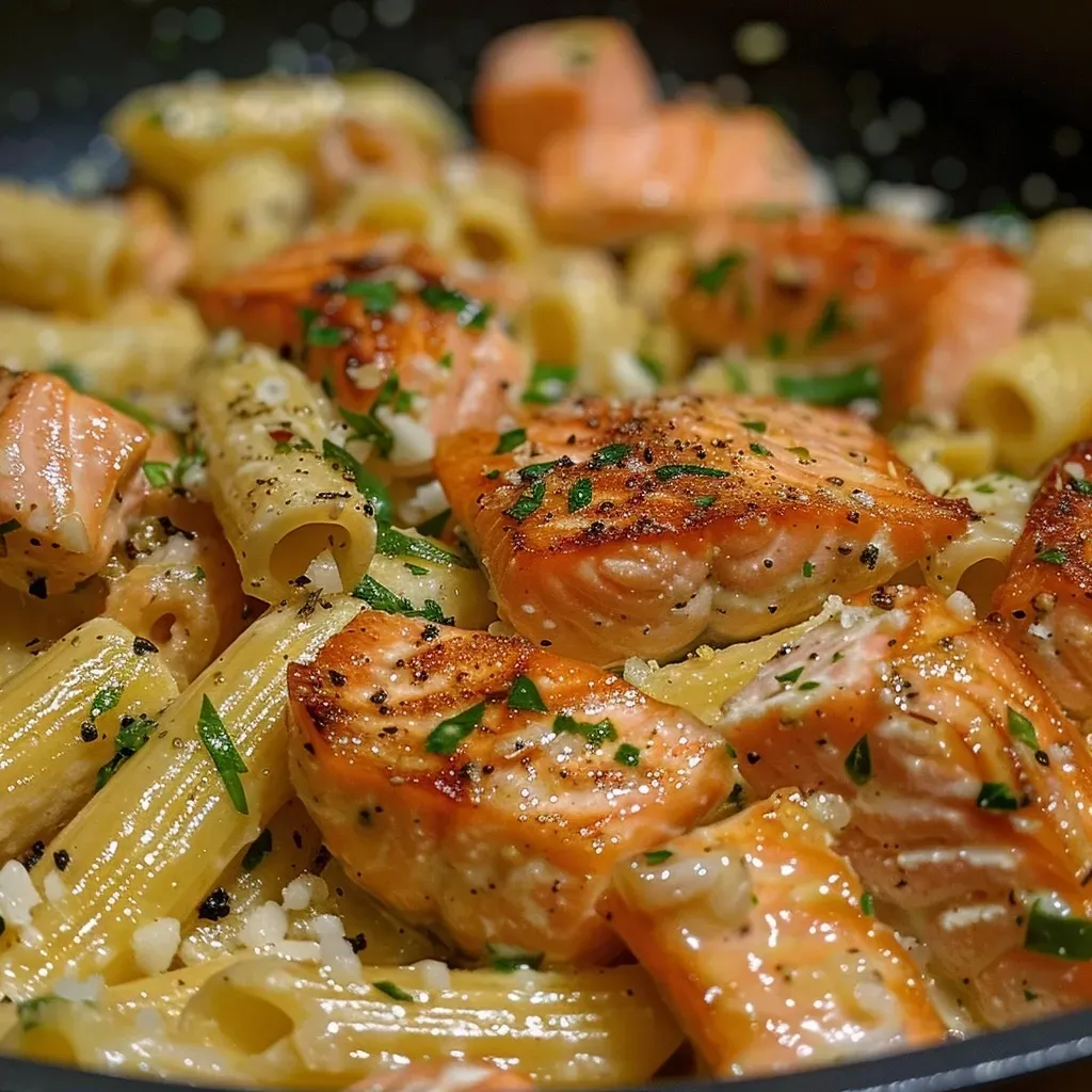 Close-up of salmon pasta dish, showcasing vibrant colors and textures.