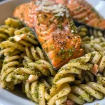 ['Close-up view of Salmon Pesto Pasta with salmon fillets and pasta strands.', 'Side angle of a plate of Salmon Pesto Pasta, showcasing vibrant green pesto and salmon.', 'Juicy Salmon Pesto Pasta displayed on a white plate, highlighting the ingredients.', 'Delicious Salmon Pesto Pasta captured in detail, featuring salmon and herbs.']