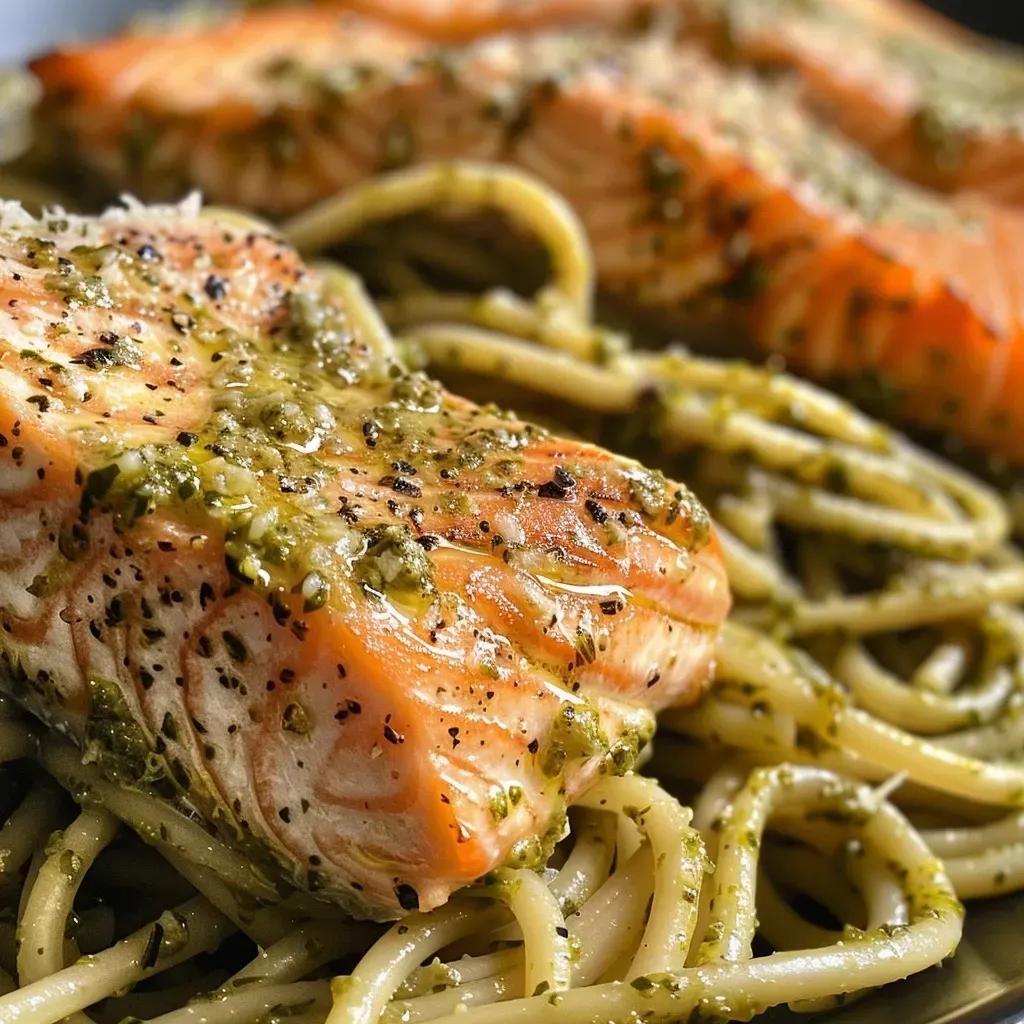 Close-up view of Salmon Pesto Pasta with salmon fillets and pasta strands.