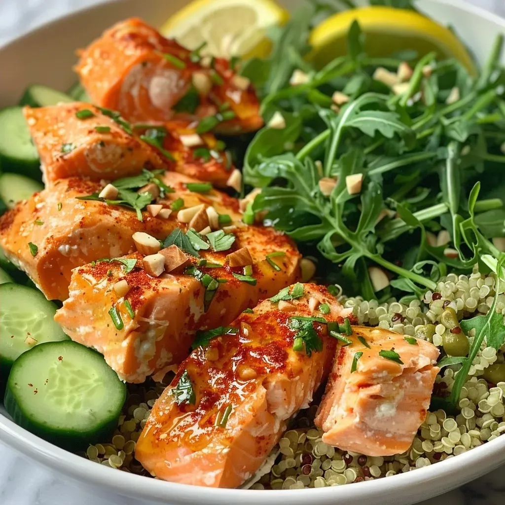 Close-up of a vibrant salmon quinoa bowl with colorful vegetables.
