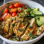 ['Close-up view of a savory herb chicken quinoa bowl with colorful vegetables.', 'Juicy herb chicken atop a bed of quinoa, garnished with fresh parsley and cherry tomatoes.', 'Side angle of a quinoa bowl featuring diced chicken, cucumbers, and vibrant cherry tomatoes.', 'Detailed image of a quinoa bowl with chicken, herbs, and a fresh lemon slice on the side.']