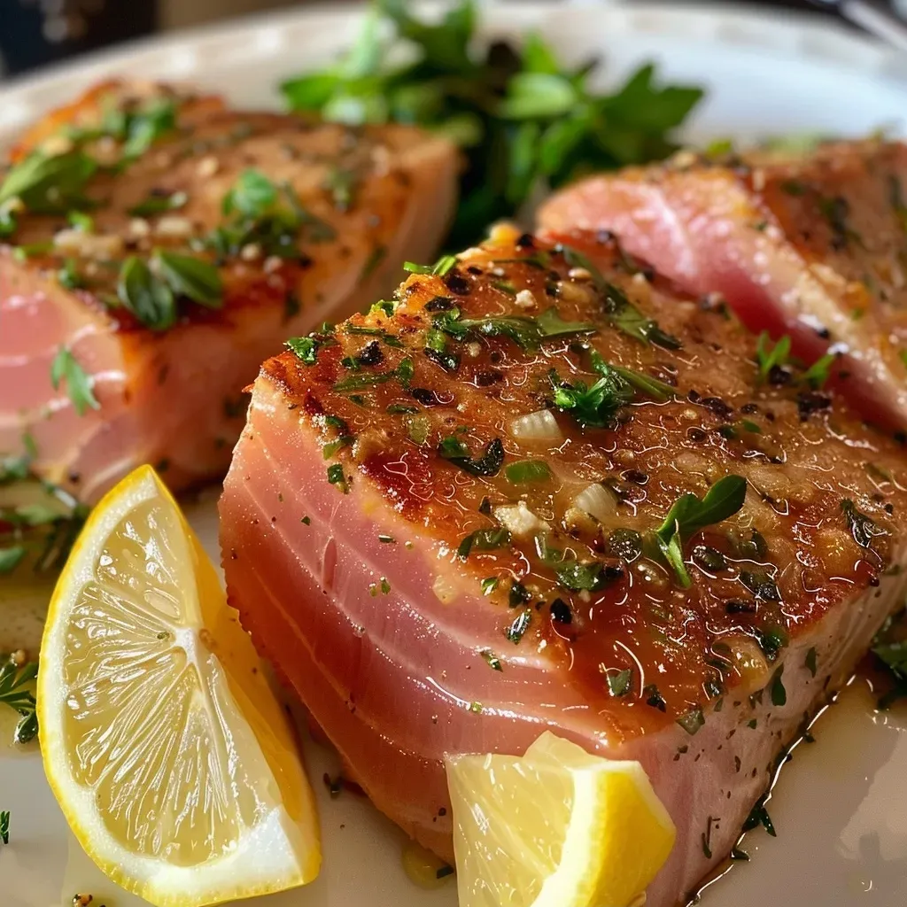 Juicy seared tuna steaks garnished with herbs and lemon wedges.