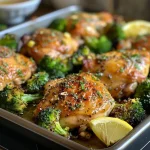 ['Close-up view of a juicy lemon-garlic chicken with vibrant broccoli florets.', 'Side perspective of a sheet pan filled with roasted chicken thighs and fresh broccoli.', 'Colorful arrangement of lemon-garlic chicken and broccoli on a rustic sheet pan.', 'Detail shot of tender chicken and bright green broccoli, garnished with lemon wedges.']