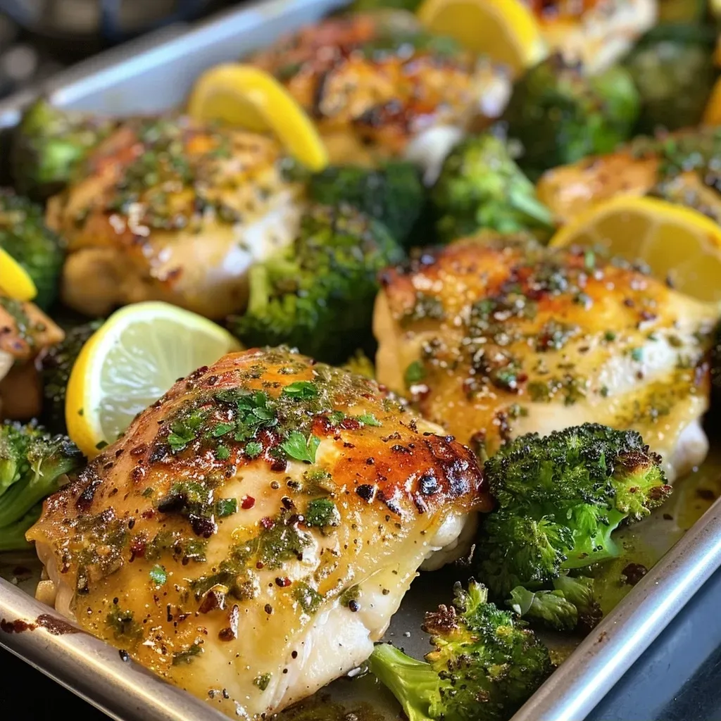 ['Close-up view of a juicy lemon-garlic chicken with vibrant broccoli florets.', 'Side perspective of a sheet pan filled with roasted chicken thighs and fresh broccoli.', 'Colorful arrangement of lemon-garlic chicken and broccoli on a rustic sheet pan.', 'Detail shot of tender chicken and bright green broccoli, garnished with lemon wedges.']