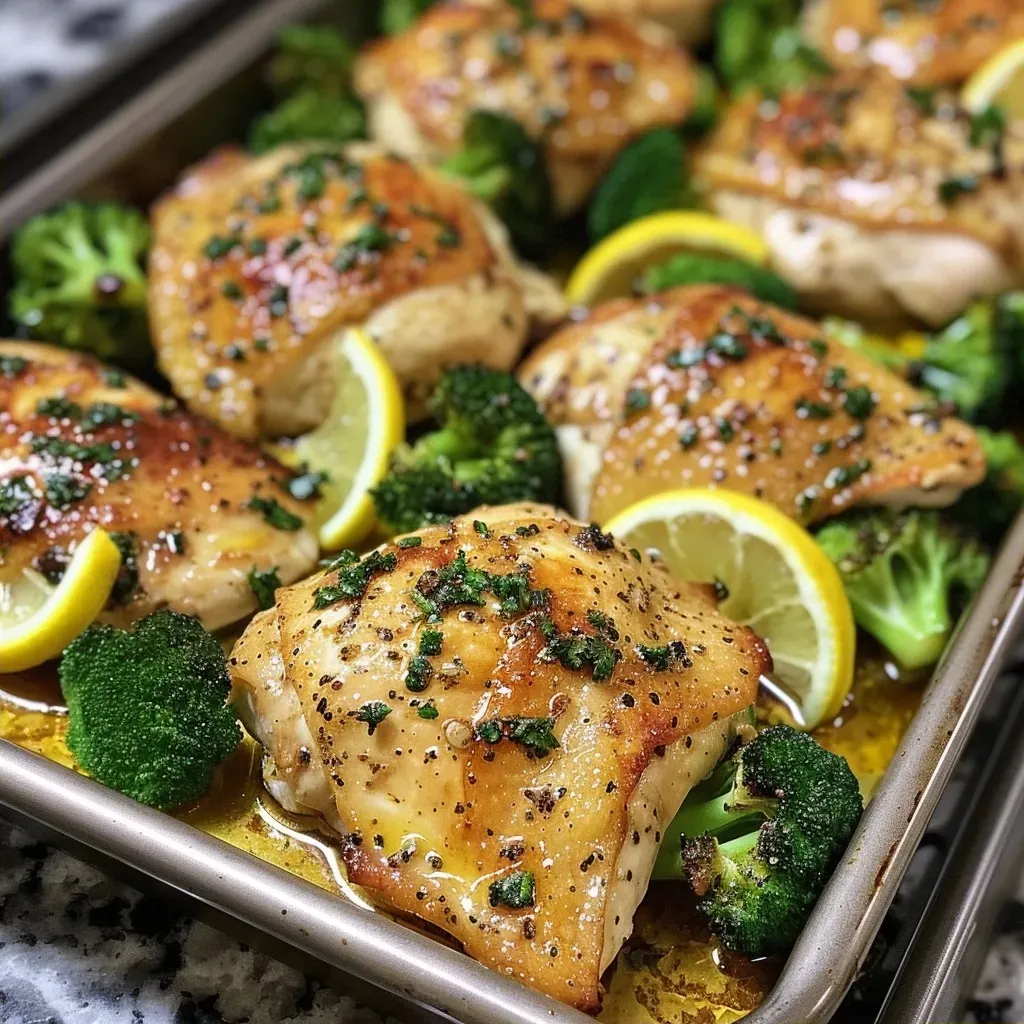 ['Close-up view of golden brown Sheet-Pan Lemon-Garlic Chicken with vibrant green broccoli florets.', 'Juicy chicken thighs glistening with lemon and garlic, surrounded by fresh broccoli on a sheet pan.', 'A side angle of cooked lemon-garlic chicken next to steamed broccoli, showcasing delicious presentation.', 'Close-up of crispy chicken and bright broccoli, drizzled with olive oil and lemon juice.']