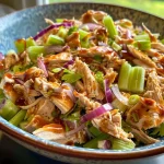 ['Close-up view of a vibrant shredded BBQ chicken salad, featuring colorful ingredients.', 'Side view of a delicious shredded BBQ chicken salad arranged in a bowl, showcasing its textures.', 'Detailed image of shredded BBQ chicken salad with celery and red onion, presented beautifully.', 'Juicy shredded BBQ chicken salad displayed in a bowl, highlighting the fresh ingredients.']