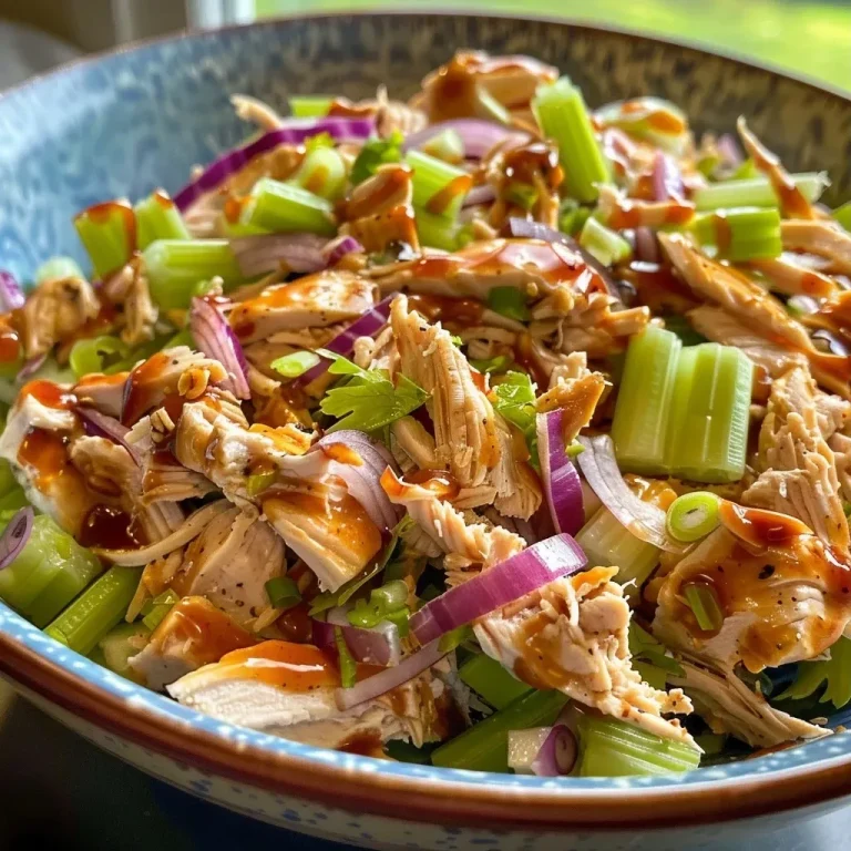 ['Close-up view of a vibrant shredded BBQ chicken salad, featuring colorful ingredients.', 'Side view of a delicious shredded BBQ chicken salad arranged in a bowl, showcasing its textures.', 'Detailed image of shredded BBQ chicken salad with celery and red onion, presented beautifully.', 'Juicy shredded BBQ chicken salad displayed in a bowl, highlighting the fresh ingredients.']