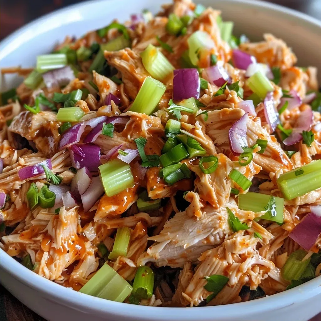 ['Close-up view of a vibrant shredded BBQ chicken salad, featuring colorful ingredients.', 'Side view of a delicious shredded BBQ chicken salad arranged in a bowl, showcasing its textures.', 'Detailed image of shredded BBQ chicken salad with celery and red onion, presented beautifully.', 'Juicy shredded BBQ chicken salad displayed in a bowl, highlighting the fresh ingredients.']