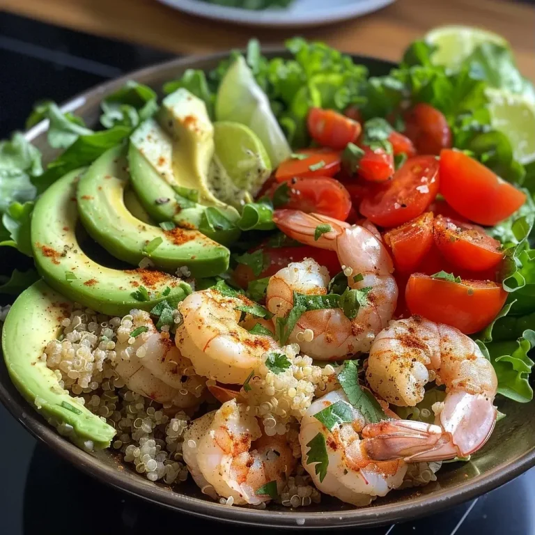 ['Close-up view of a colorful shrimp avocado quinoa bowl with fresh ingredients.', 'Side view of a shrimp avocado quinoa bowl featuring vibrant greens and shrimp.', 'Delicious shrimp avocado quinoa bowl filled with sliced avocado, shrimp, and quinoa.', 'Tasty shrimp avocado quinoa bowl showcasing fresh vegetables and a lime wedge.']