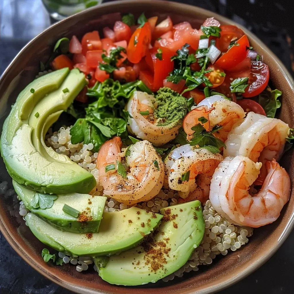 ['Close-up view of a colorful shrimp avocado quinoa bowl with fresh ingredients.', 'Side view of a shrimp avocado quinoa bowl featuring vibrant greens and shrimp.', 'Delicious shrimp avocado quinoa bowl filled with sliced avocado, shrimp, and quinoa.', 'Tasty shrimp avocado quinoa bowl showcasing fresh vegetables and a lime wedge.']