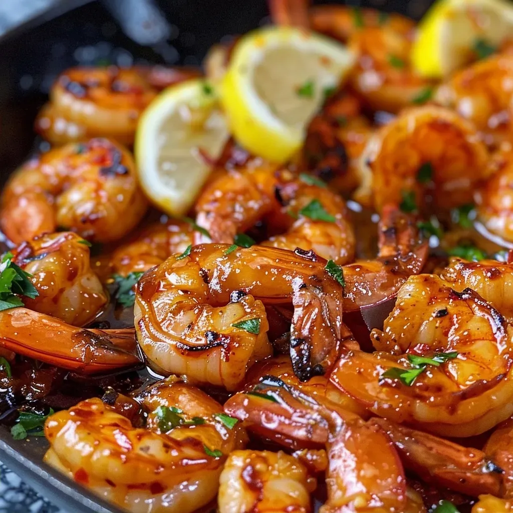 ['Close-up of juicy skillet barbecue shrimp with vibrant spices and garnishes.', 'Side view of cooked shrimp in a skillet, glistening with barbecue sauce.', 'Delicious shrimp seasoned with spices, served in a skillet with lemon wedges.', 'Tantalizing shrimp cooked in barbecue sauce, topped with fresh parsley.']
